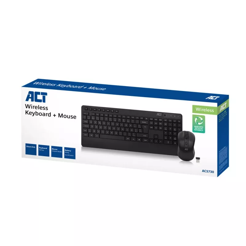 ACT Wireless keyboard and mouse bundle (Azerty), silent click, eco-friendly, made from recycled materials