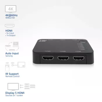 ACT 4K HDMI Switch 5 in, 1 out, HDMI, Black, 2160p, 18 Gbit/s, 4096 x 2160 pixels, 4K Ultra HD