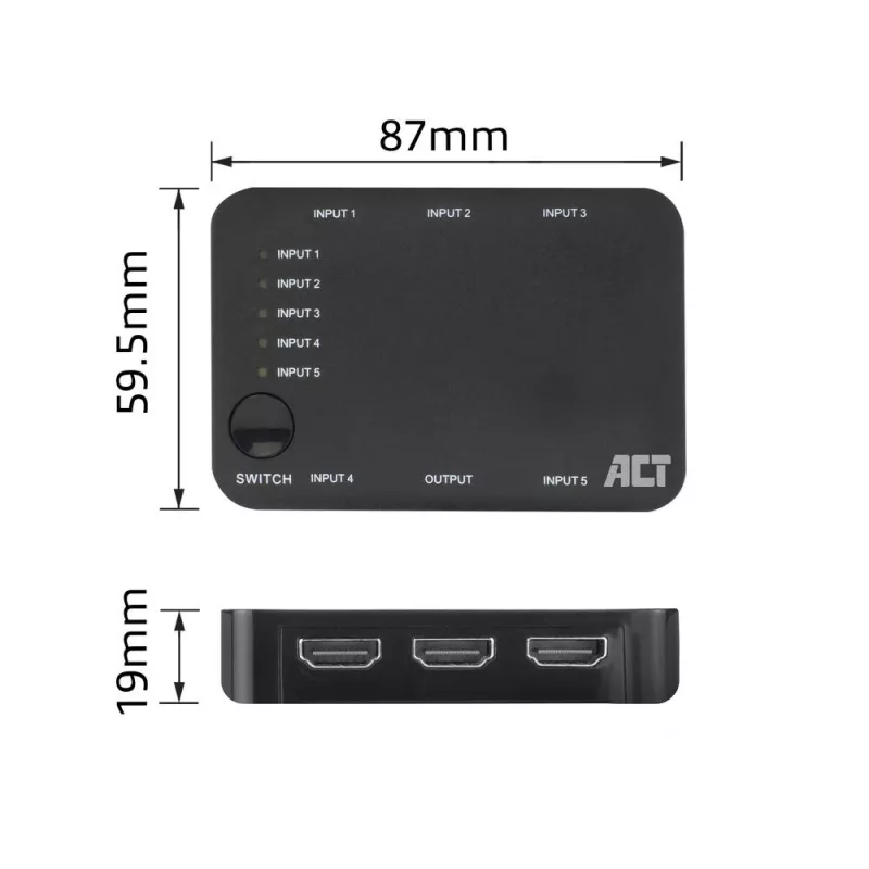 ACT 4K HDMI Switch 5 in, 1 out, HDMI, Black, 2160p, 18 Gbit/s, 4096 x 2160 pixels, 4K Ultra HD
