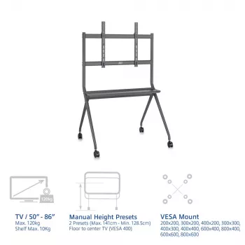 ACT Mobile TV/monitor floor stand, 50” to 86”, VESA, 127 cm (50 inch), 2.18 m (86 inch), 200 x 200 mm, 800 x 600 mm, Aluminium, Plastic, Steel, Grey