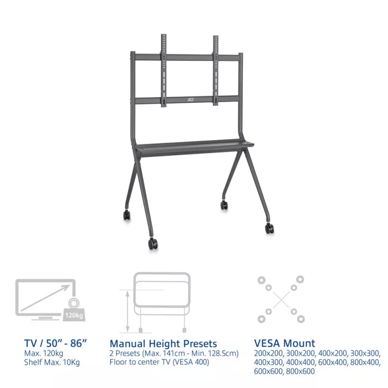 ACT Mobile TV/monitor floor stand, 50” to 86”, VESA, 127 cm (50 inch), 2.18 m (86 inch), 200 x 200 mm, 800 x 600 mm, Aluminium, Plastic, Steel, Grey