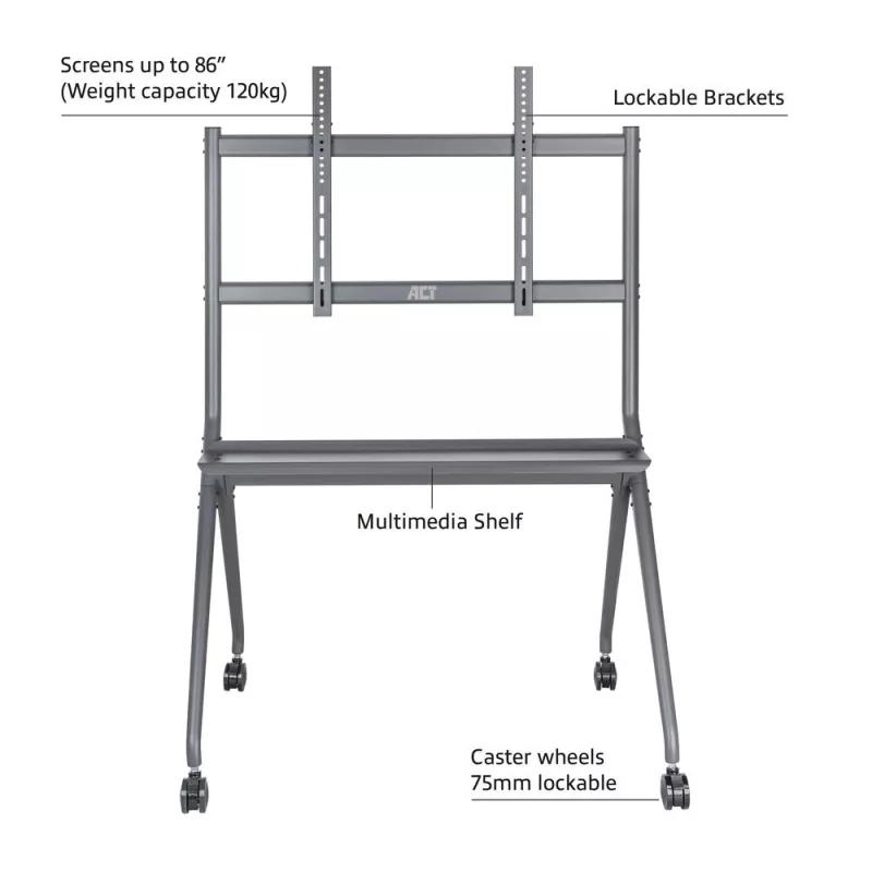 ACT Mobile TV/monitor floor stand, 50” to 86”, VESA, 127 cm (50 inch), 2.18 m (86 inch), 200 x 200 mm, 800 x 600 mm, Aluminium, Plastic, Steel, Grey