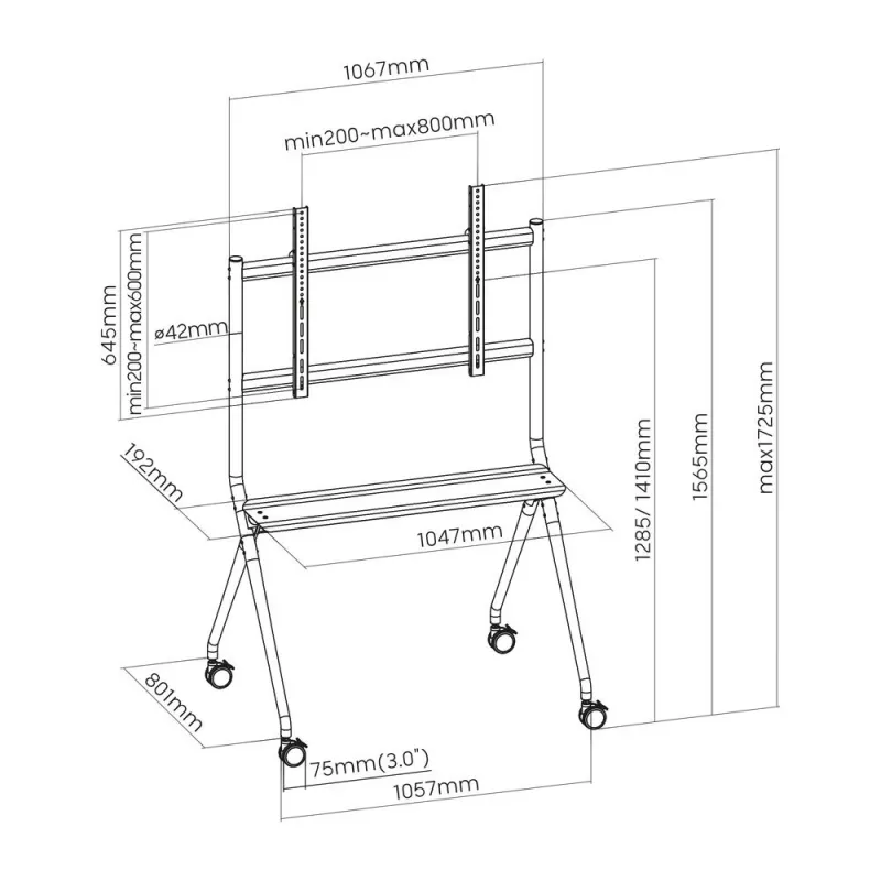 ACT Mobile TV/monitor floor stand, 50” to 86”, VESA, 127 cm (50 inch), 2.18 m (86 inch), 200 x 200 mm, 800 x 600 mm, Aluminium, Plastic, Steel, Grey
