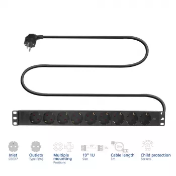 ACT Extension lead PDU 19 inch CEE7/7 with 9 type F sockets, 3m H05VV-F 3G1.5
