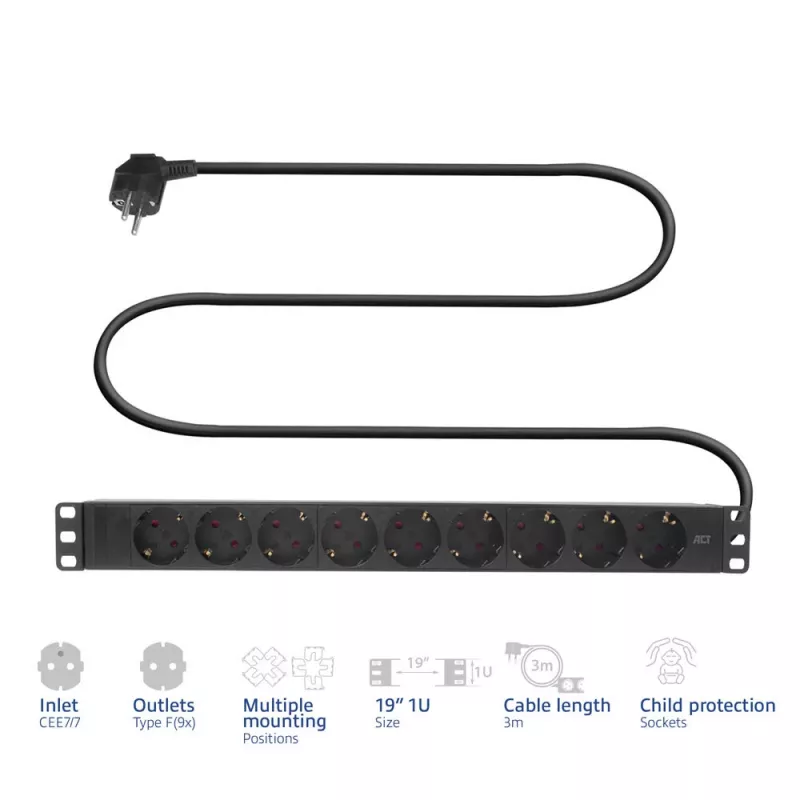 ACT Extension lead PDU 19 inch CEE7/7 with 9 type F sockets, 3m H05VV-F 3G1.5