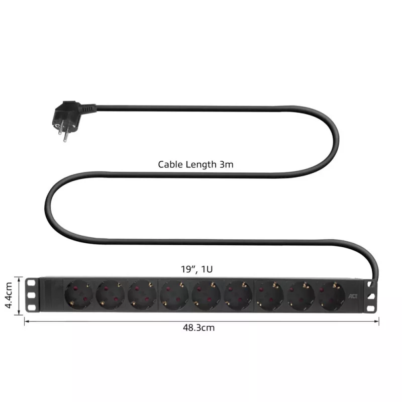 ACT Extension lead PDU 19 inch CEE7/7 with 9 type F sockets, 3m H05VV-F 3G1.5