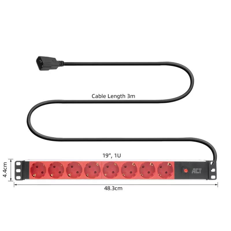 Power distribution unit ACT PD3004 19 inch C14 IEC60320 with 8 Type F sockets, 3 m H05VV-F 3G1.0, 230 V 10 A
