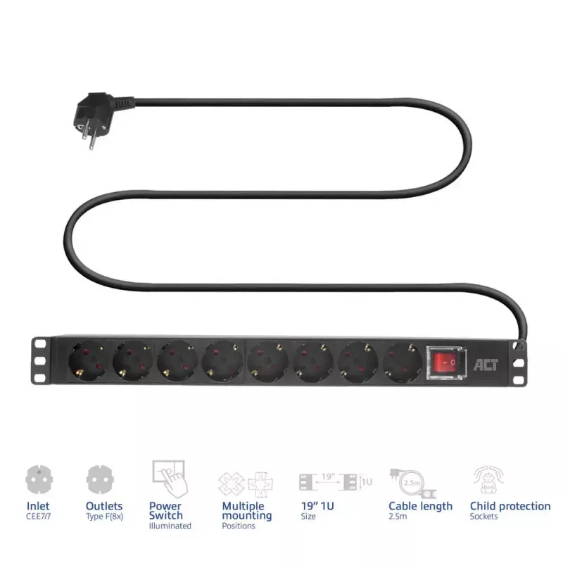 Power distribution unit ACT PDU 19 inch with CEE7/7 plug, 8 Type F sockets, on/off switch, 2.5 m H05VV-F 3G1.5