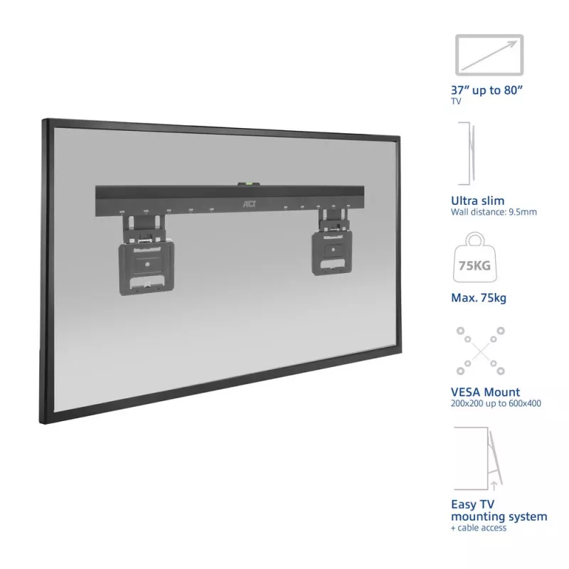 ACT Fixed TV Wall Mount AC8356 for 37 inch–80 inch TVs, ultra slim, VESA 200x200–600x400, 75 kg capacity, 9.5 mm wall gap, black