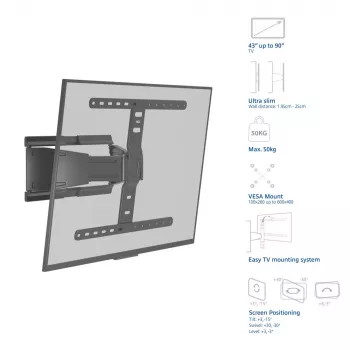 Full motion TV wall mount ACT AC8357 for 43 inch–90 inch screens, VESA 100x200–600x400, tilt -15°–3°, swivel ±30°, max load 50 kg, ultra slim