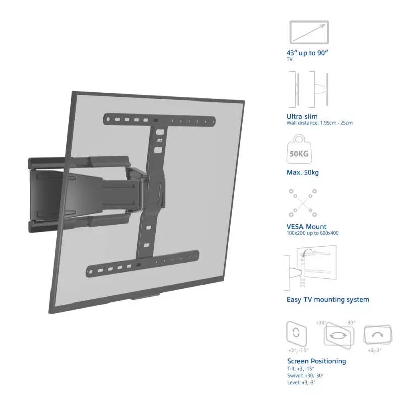Full motion TV wall mount ACT AC8357 for 43 inch–90 inch screens, VESA 100x200–600x400, tilt -15°–3°, swivel ±30°, max load 50 kg, ultra slim