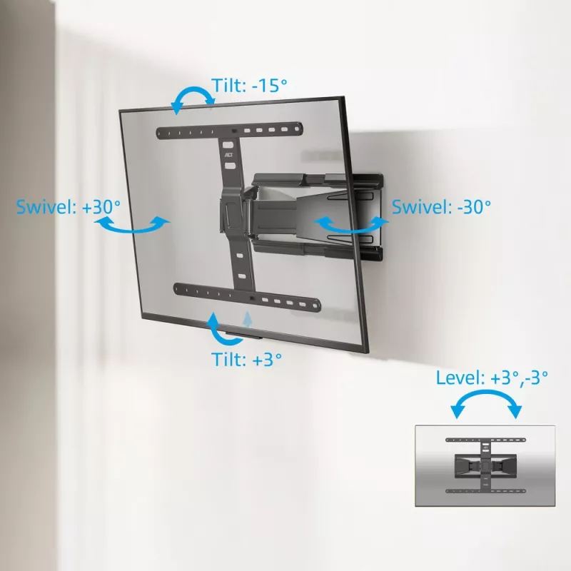 Full motion TV wall mount ACT AC8357 for 43 inch–90 inch screens, VESA 100x200–600x400, tilt -15°–3°, swivel ±30°, max load 50 kg, ultra slim