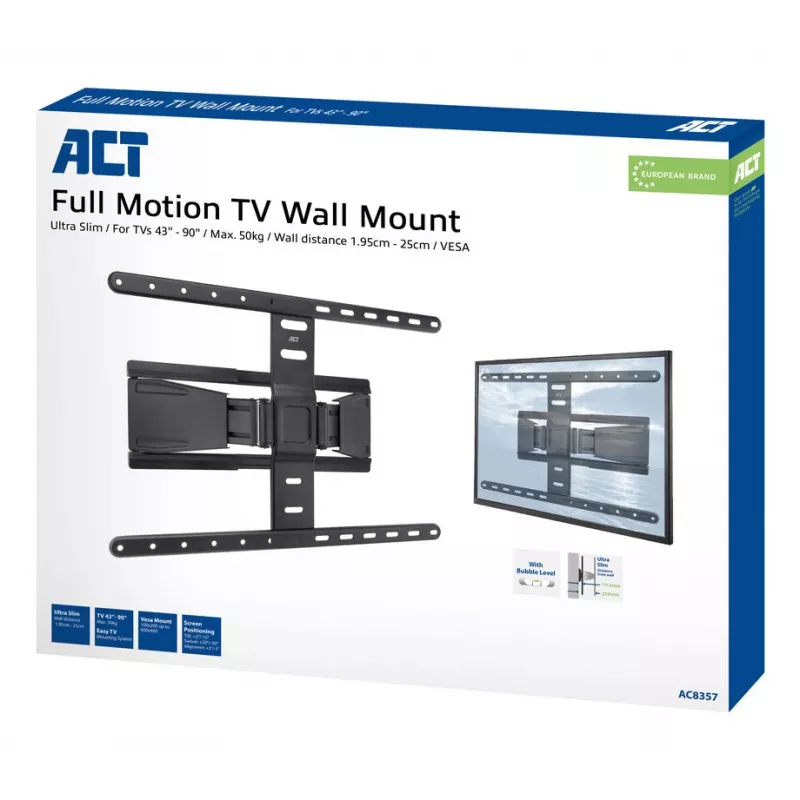 Full motion TV wall mount ACT AC8357 for 43 inch–90 inch screens, VESA 100x200–600x400, tilt -15°–3°, swivel ±30°, max load 50 kg, ultra slim