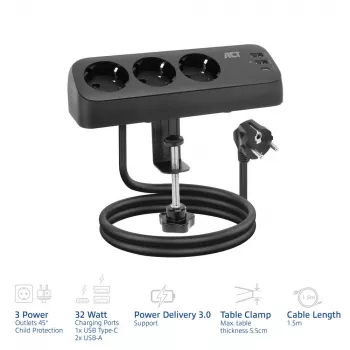 ACT Desk power strip with 3 type F sockets, 30W Power Delivery, USB Type-C/A ports, cable length 1.5 meters