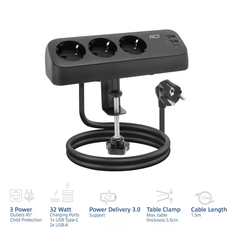 ACT Desk power strip with 3 type F sockets, 30W Power Delivery, USB Type-C/A ports, cable length 1.5 meters