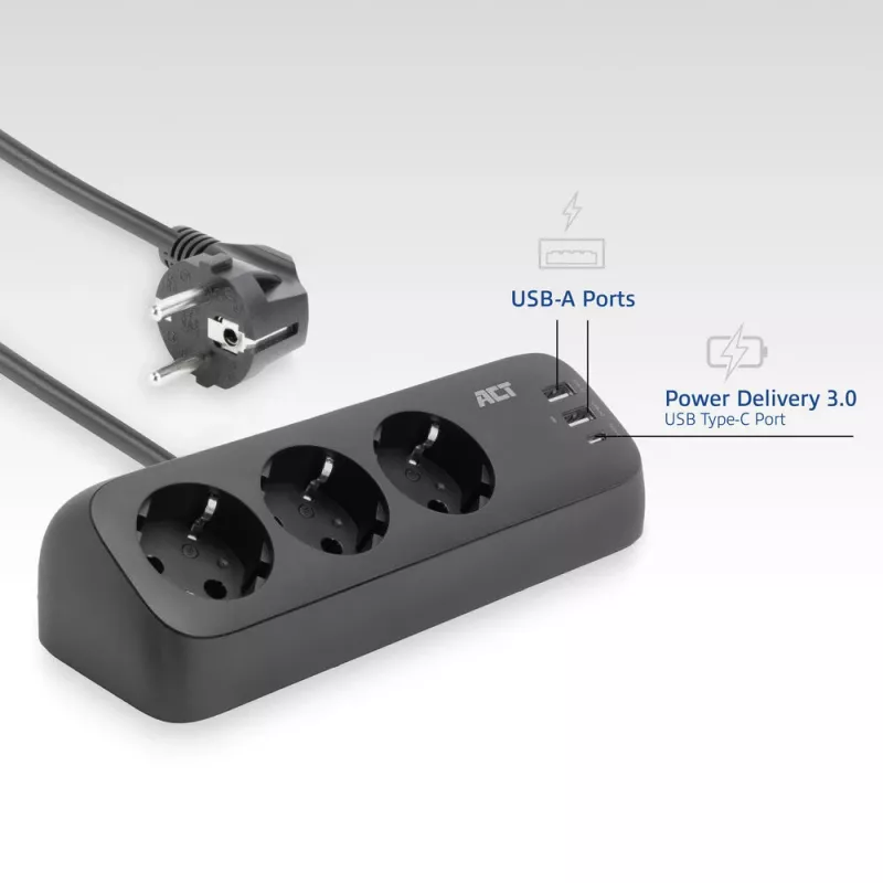 ACT Desk power strip with 3 type F sockets, 30W Power Delivery, USB Type-C/A ports, cable length 1.5 meters