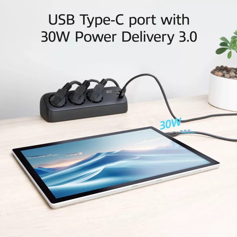 ACT Desk power strip with 3 type F sockets, 30W Power Delivery, USB Type-C/A ports, cable length 1.5 meters