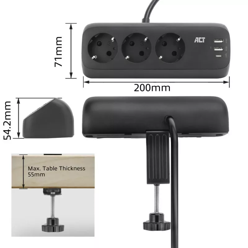 ACT Desk power strip with 3 type F sockets, 30W Power Delivery, USB Type-C/A ports, cable length 1.5 meters
