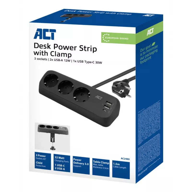 ACT Desk power strip with 3 type F sockets, 30W Power Delivery, USB Type-C/A ports, cable length 1.5 meters
