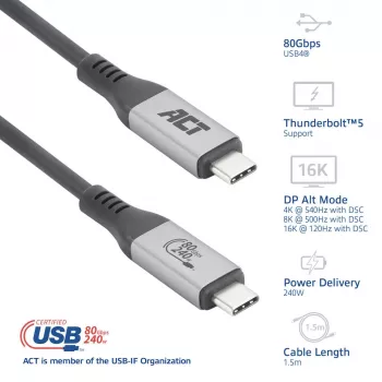 ACT USB4 80Gbps Thunderbolt 5 cable 240W USB Type-C, USB-IF certified, 1.5 meters