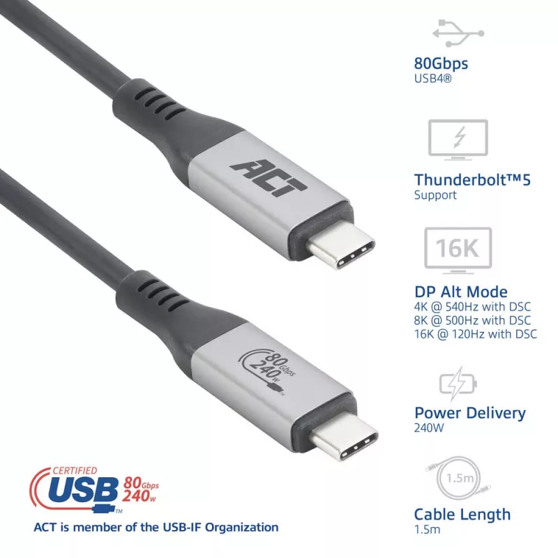 ACT USB4 80Gbps Thunderbolt 5 cable 240W USB Type-C, USB-IF certified, 1.5 meters