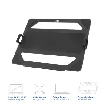 ACT Universal laptop tray for monitor arms, Black, Steel, 29.5 cm (11.6 inch), 43.9 cm (17.3 inch), 9 kg, 75 x 75 mm