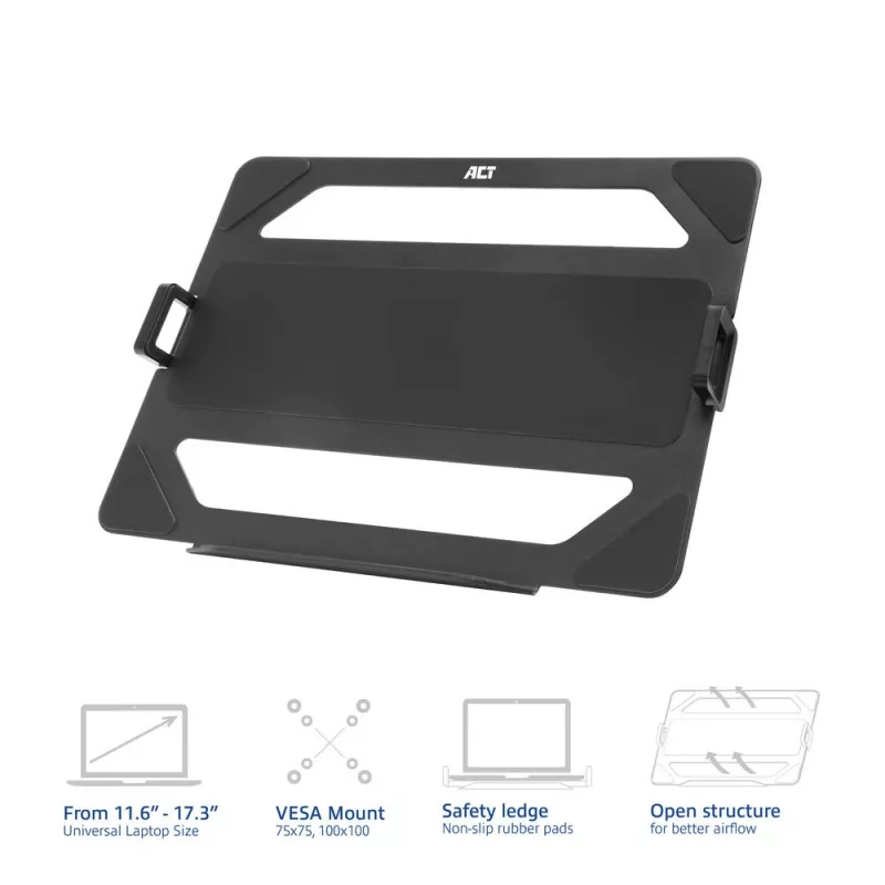 ACT Universal laptop tray for monitor arms, Black, Steel, 29.5 cm (11.6 inch), 43.9 cm (17.3 inch), 9 kg, 75 x 75 mm