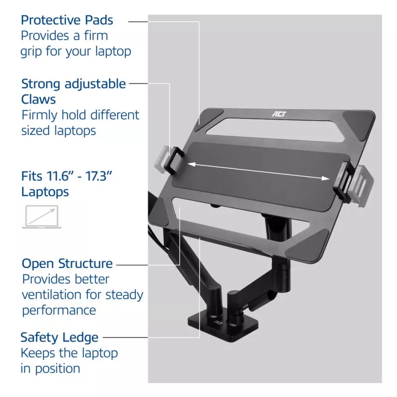 ACT Universal laptop tray for monitor arms, Black, Steel, 29.5 cm (11.6 inch), 43.9 cm (17.3 inch), 9 kg, 75 x 75 mm