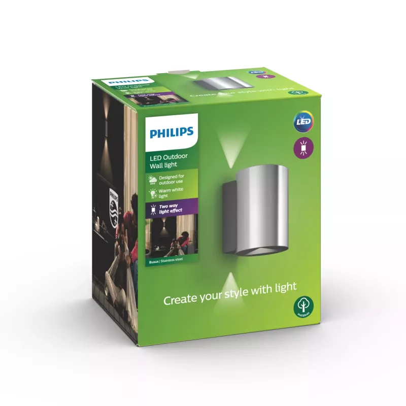 Philips myGarden Buxus Wall Light 4.5W, Outdoor wall lighting, Stainless steel, Metal, IP44, Patio, Garden, I