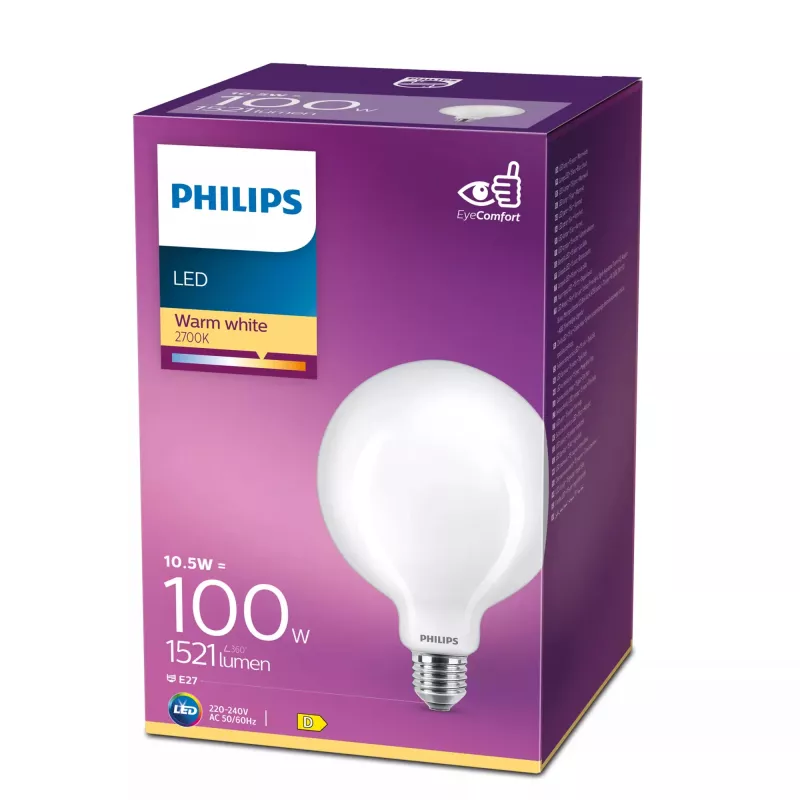 Philips Filament Bulb Frosted 100W G120 E27, 10.5 W, 100 W, E27, 1521 lm, 15000 h, Warm white