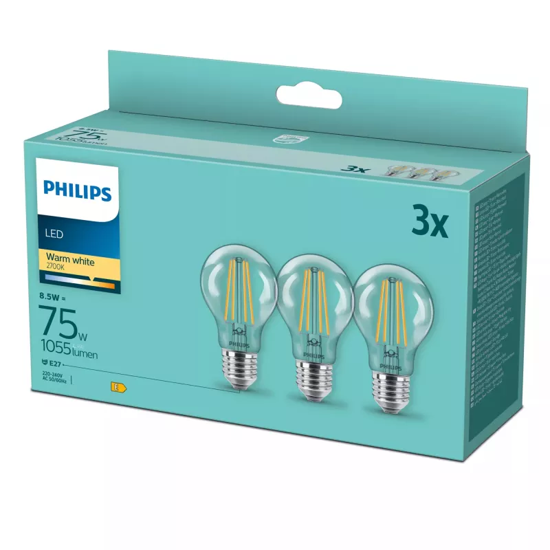 Philips LED Filament Lamp E27 3-Pack, 8.5 W (75 W Equivalent), 2700 K