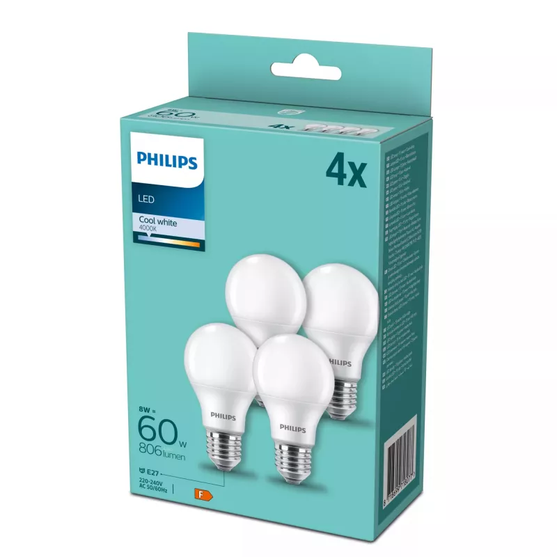 LED lamp Philips E27 60W 4000K, 4-pack — E27 base, 4000K neutral white