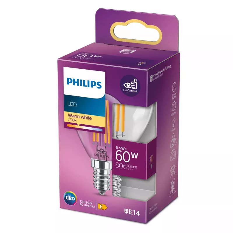 Philips Filament Candle Clear 60W P45 E14 6.5W Warm White 806lm