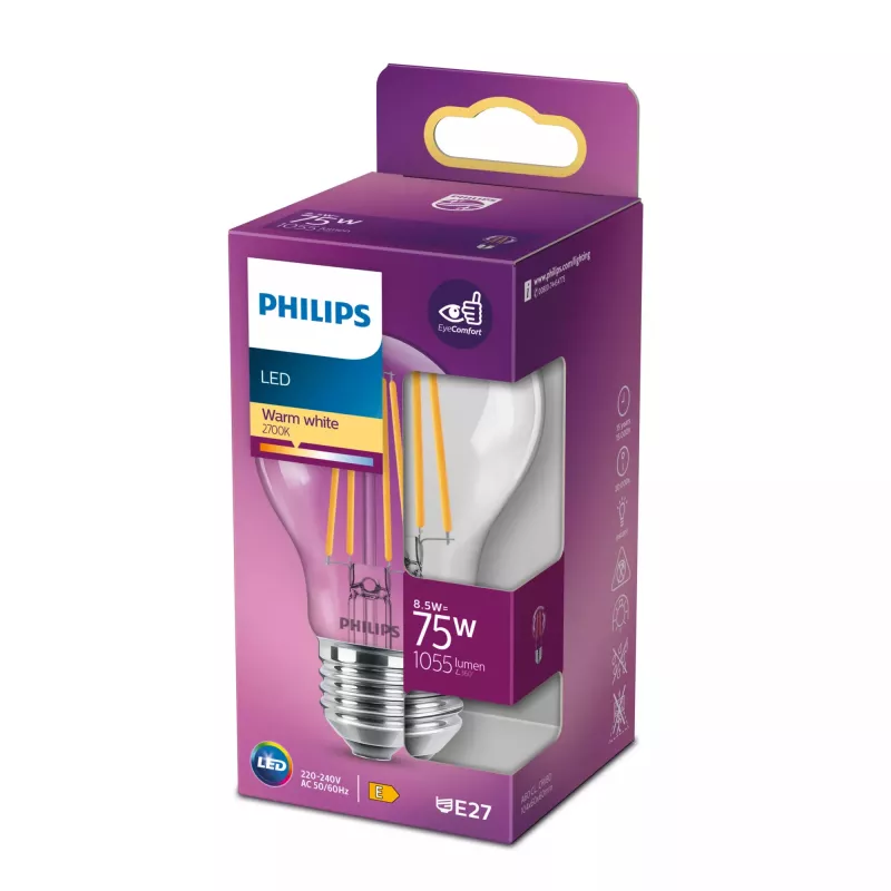 Philips Filament Bulb Clear 75W A60 E27 8.5W Warm White 1055lm