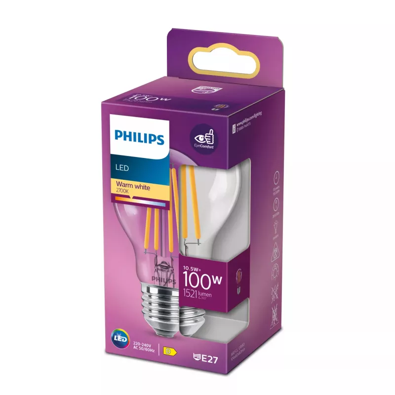 Philips Filament Bulb Clear 100W A60 E27 10.5W Warm White 1521lm
