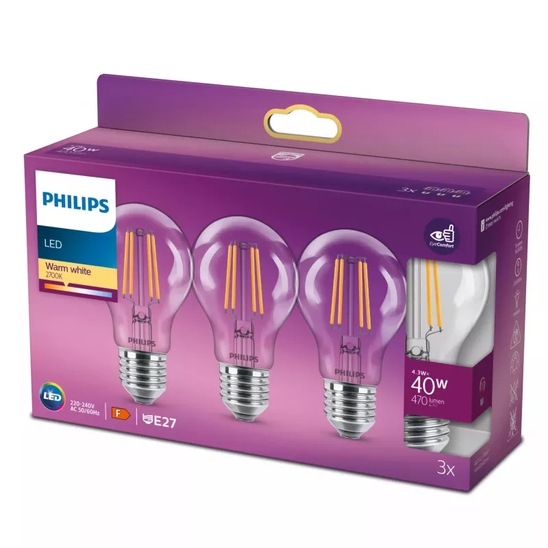 Philips Filament Bulb Clear 40W A60 E27 x3, 4.3 W, 40 W, E27, 470 lm, 15000 h, Warm white
