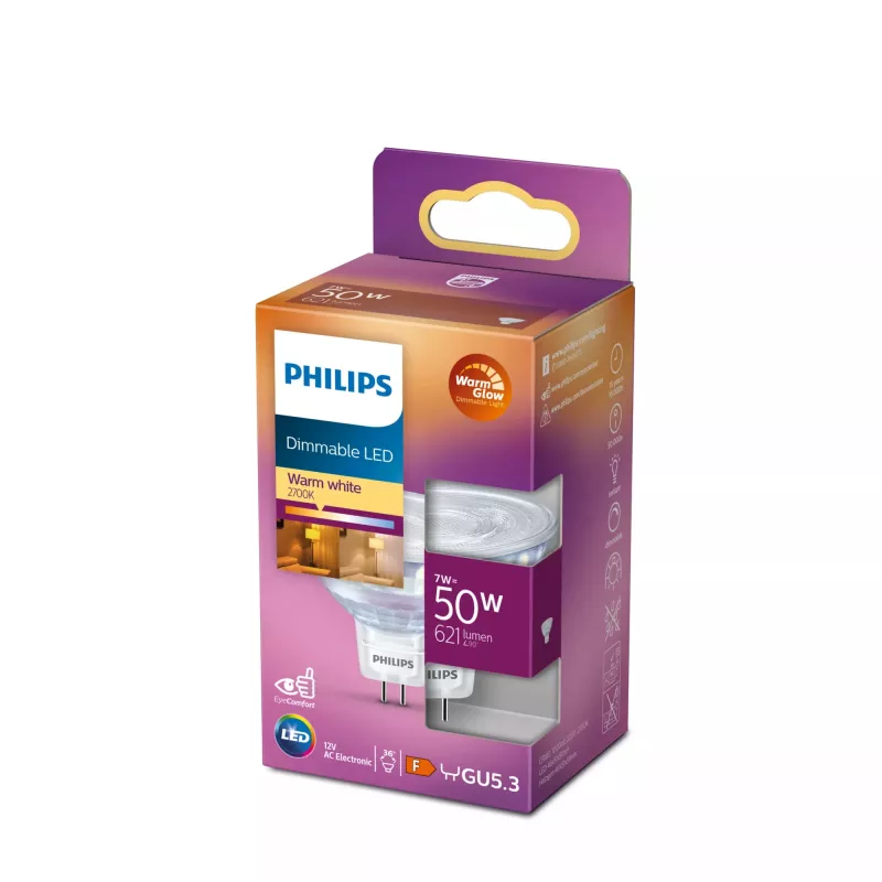 Spot bulb Philips MR16 GU5.3 7W (equiv. 50W), 621 lm, 2200K warm white, 36° beam, CRI 80, 15000 h