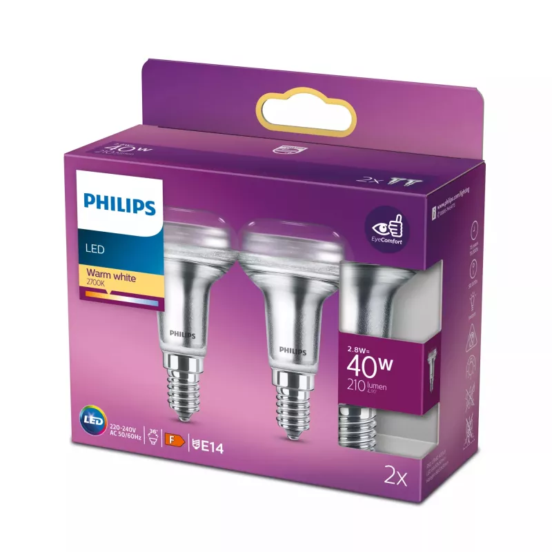 Philips Reflector 40W R50 E14 x2, 2.8 W, 40 W, E14, 210 lm, 15000 h, Warm white