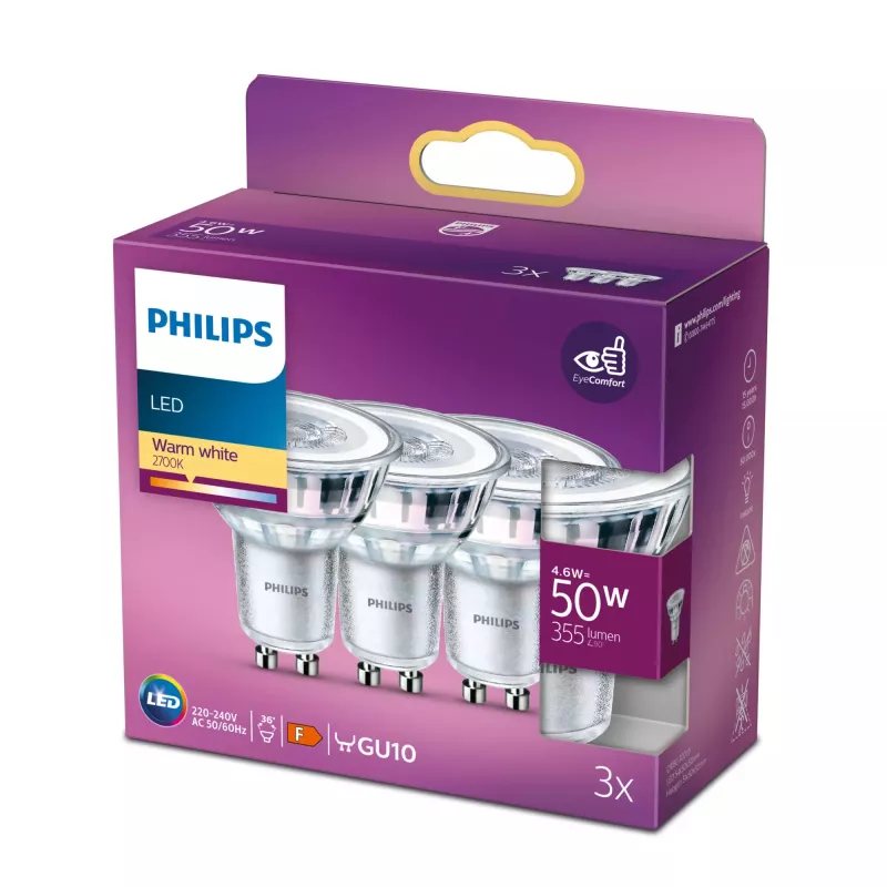 Philips LED Spot PAR16 GU10 4.6W 355lm 2700K Warm White 3-Pack