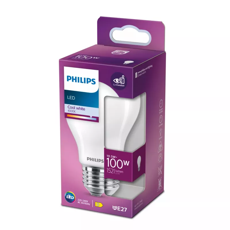 Philips Filament Bulb Frosted 100W A60 E27, 10.5 W, 100 W, E27, 1521 lm, 15000 h, Neutral white