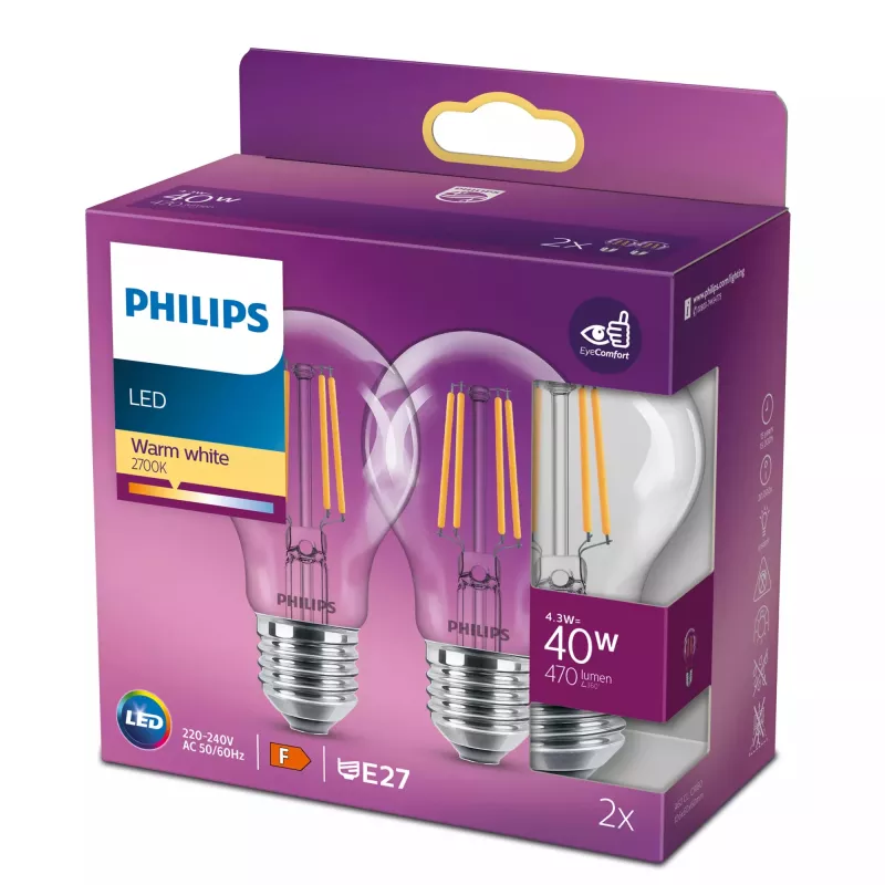 Philips Filament Bulb Clear 40W A60 E27 x2, 4.3 W, 40 W, E27, 470 lm, 15000 h, Warm white