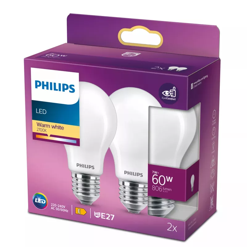 LED filament bulb Philips A60 E27 7W (equiv. 60W), 2700K, 806 lm, frost — pack of 2