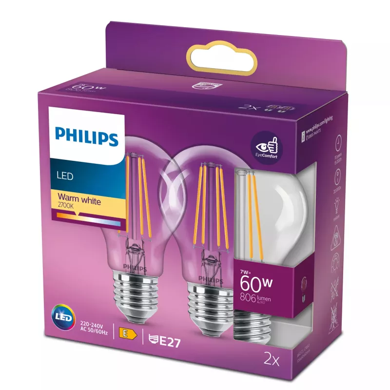 LED filament bulb Philips A60 7W (equiv. 60W) E27 clear 2700K pack of 2