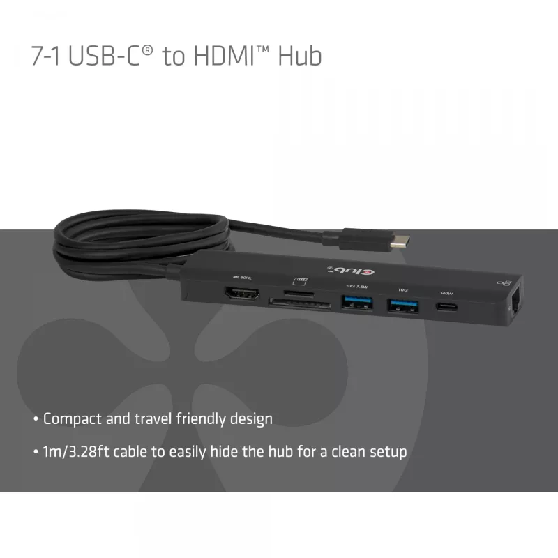 USB-C to HDMI Hub CLUB3D 7-1 — wired, Gigabit Ethernet, black, 136×34×94.5 mm