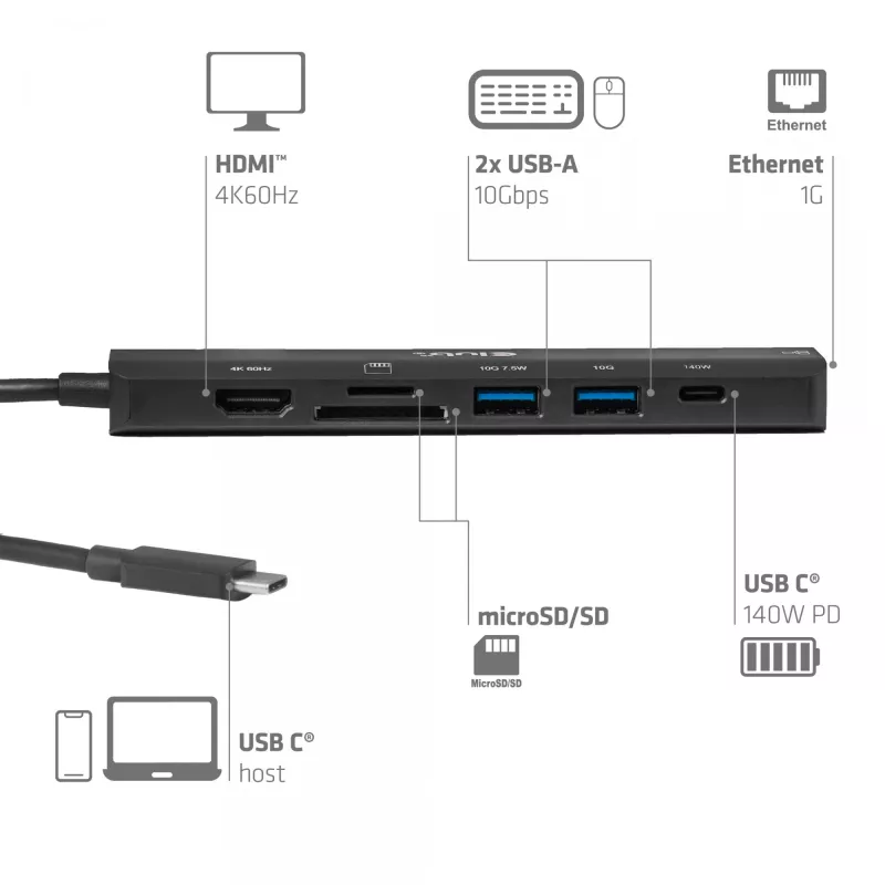 USB-C to HDMI Hub CLUB3D 7-1 — wired, Gigabit Ethernet, black, 136×34×94.5 mm