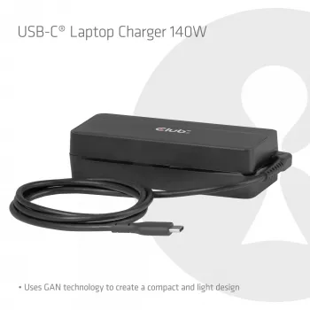 USB-C Laptop Charger CLUB 3D 140W, AC power, universal compatibility, 1 m cable, black