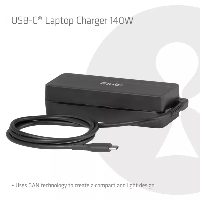 USB-C Laptop Charger CLUB 3D 140W, AC power, universal compatibility, 1 m cable, black