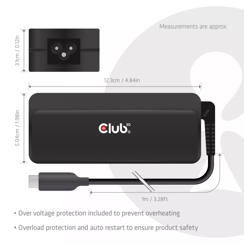USB-C Laptop Charger CLUB 3D 140W, AC power, universal compatibility, 1 m cable, black