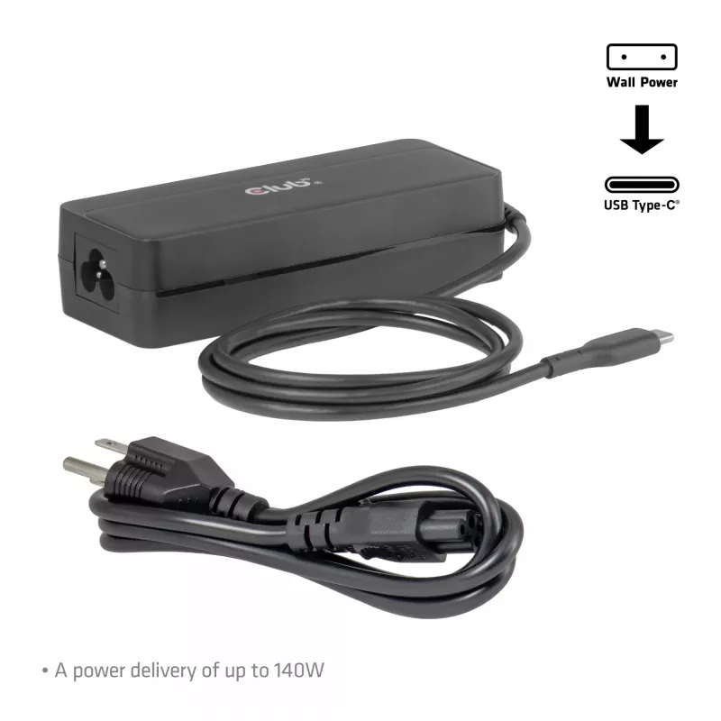 USB-C Laptop Charger CLUB 3D 140W, AC power, universal compatibility, 1 m cable, black