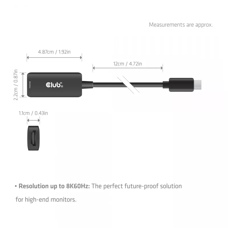 USB-C to HDMI 2.1 adapter Club 3D CAC-2505 — 8K@60Hz, USB Type-C to HDMI + USB, 0.12 m